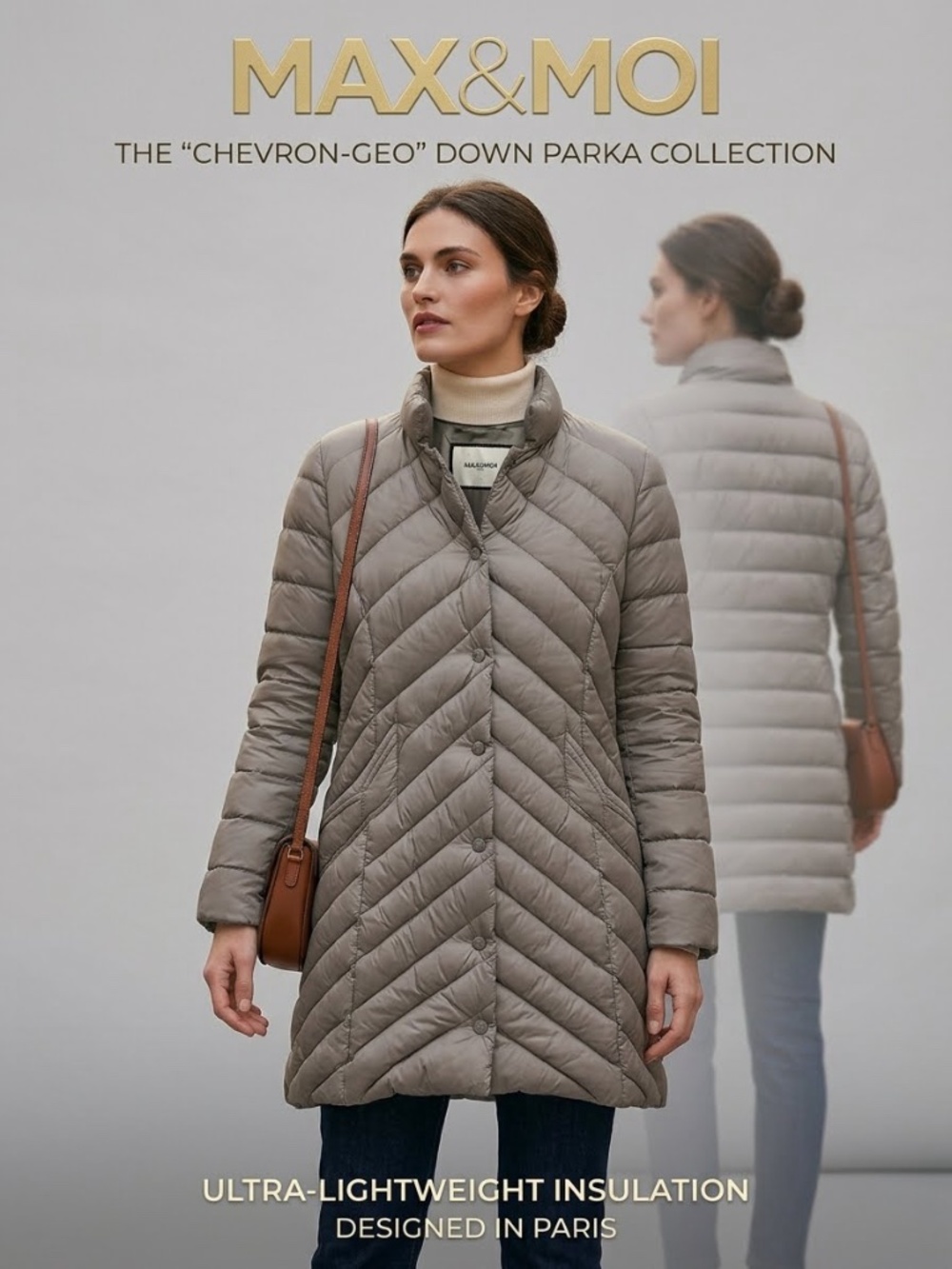 MAX & MOI PARIS Fitted Chevron Down Puffer Jacket Gray FR 38 / US S-M